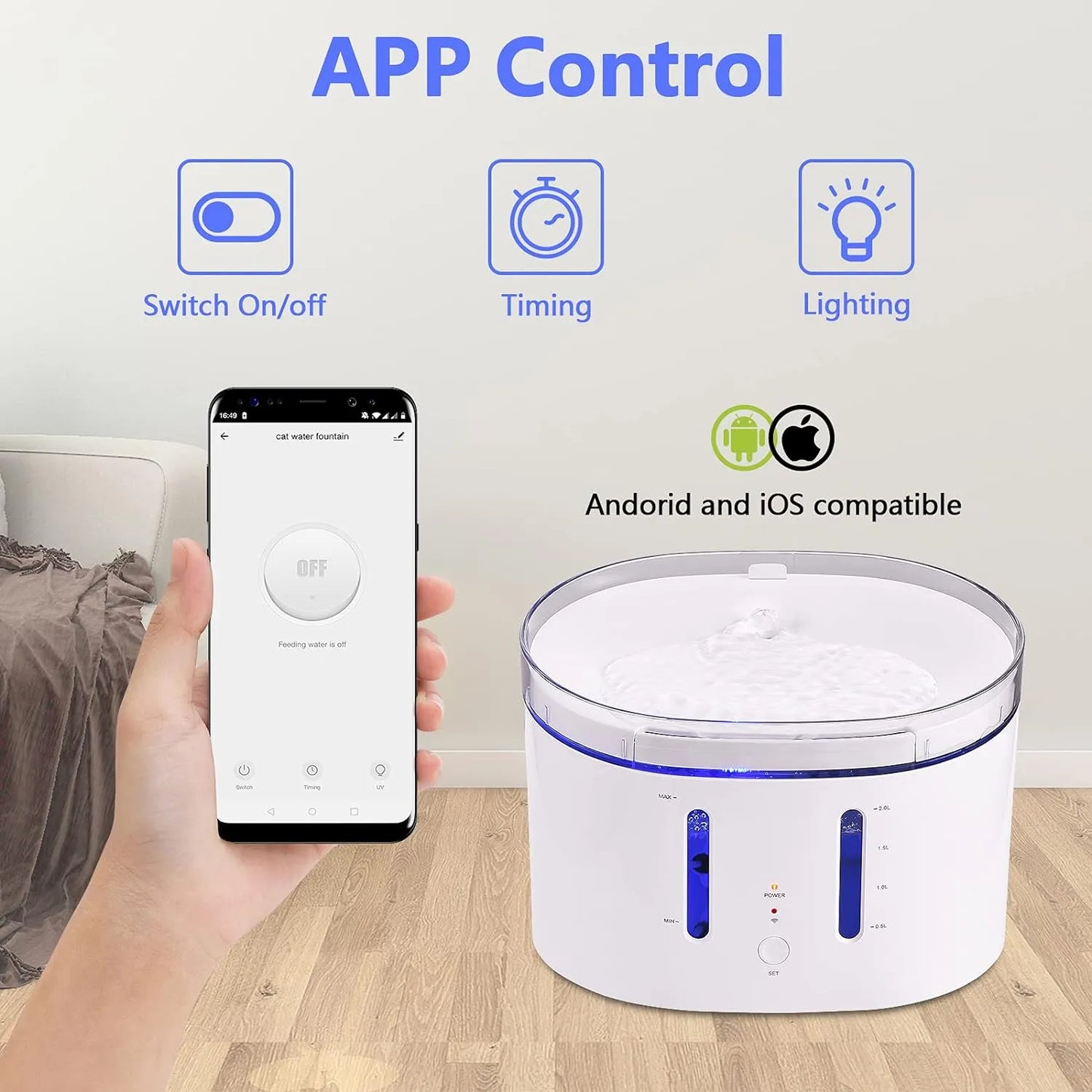 Pet Water Fountain - Smart 2.4GHz Automatic Water Fountain for Small Cats and Dogs with Water Filter, 2L