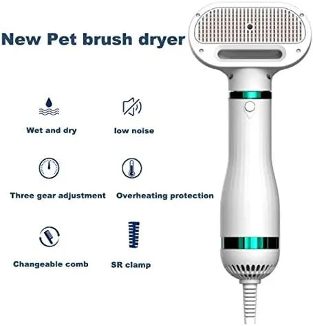 Pet Grooming Hair Dryer with Self Cleaning Slicker Brush Hair Removal, 3 Heat Settings,2-in-1 Professional Portable Dryer Blower