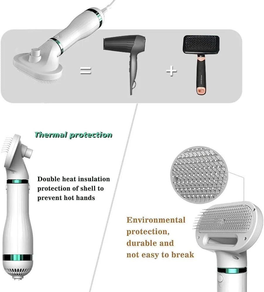 Pet Grooming Hair Dryer with Self Cleaning Slicker Brush Hair Removal, 3 Heat Settings,2-in-1 Professional Portable Dryer Blower