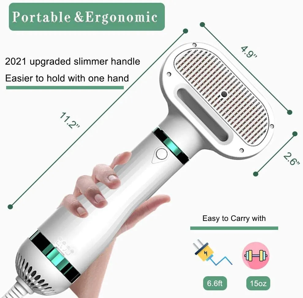 Pet Grooming Hair Dryer with Self Cleaning Slicker Brush Hair Removal, 3 Heat Settings,2-in-1 Professional Portable Dryer Blower