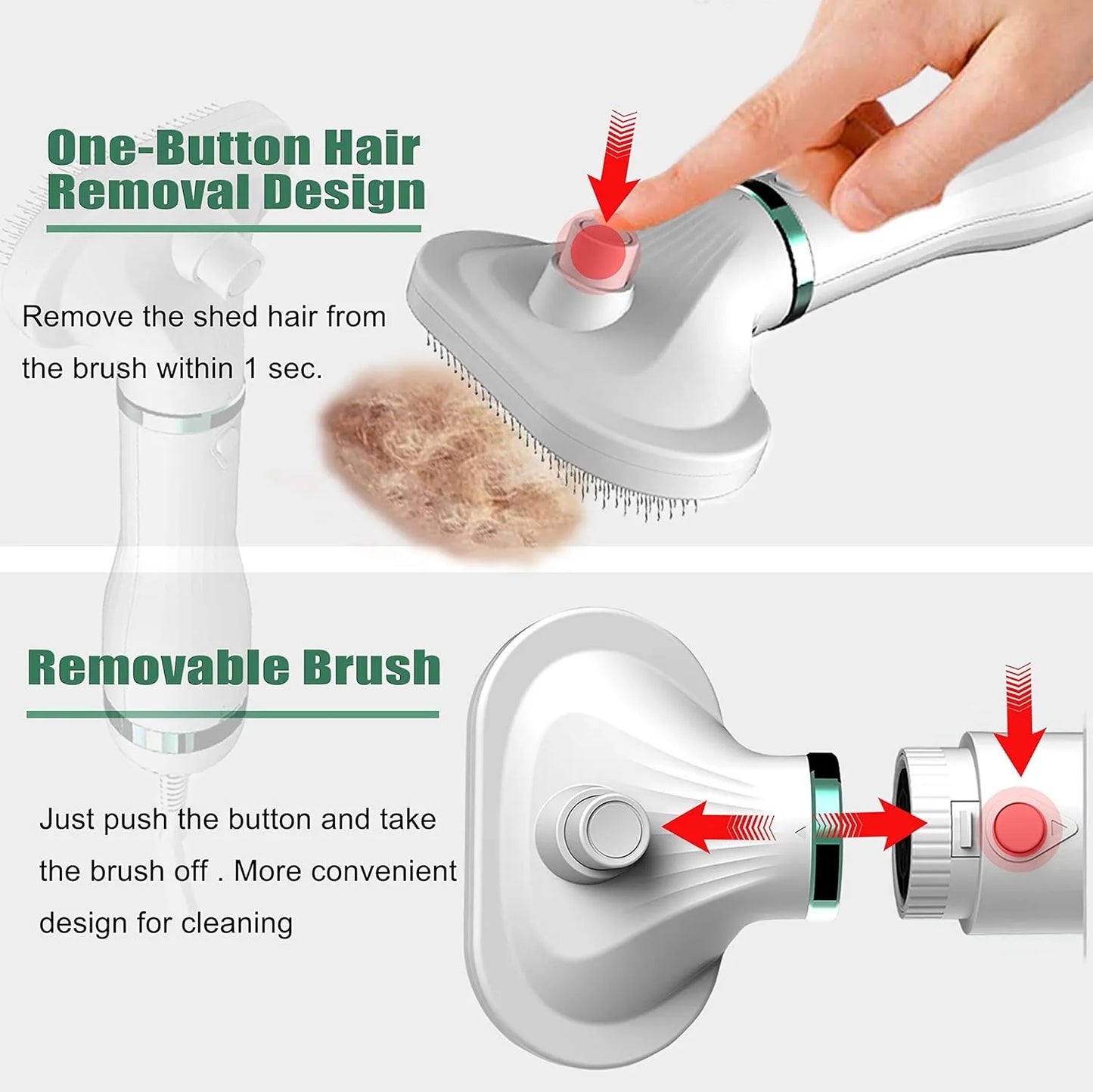 Pet Grooming Hair Dryer with Self Cleaning Slicker Brush Hair Removal, 3 Heat Settings,2-in-1 Professional Portable Dryer Blower