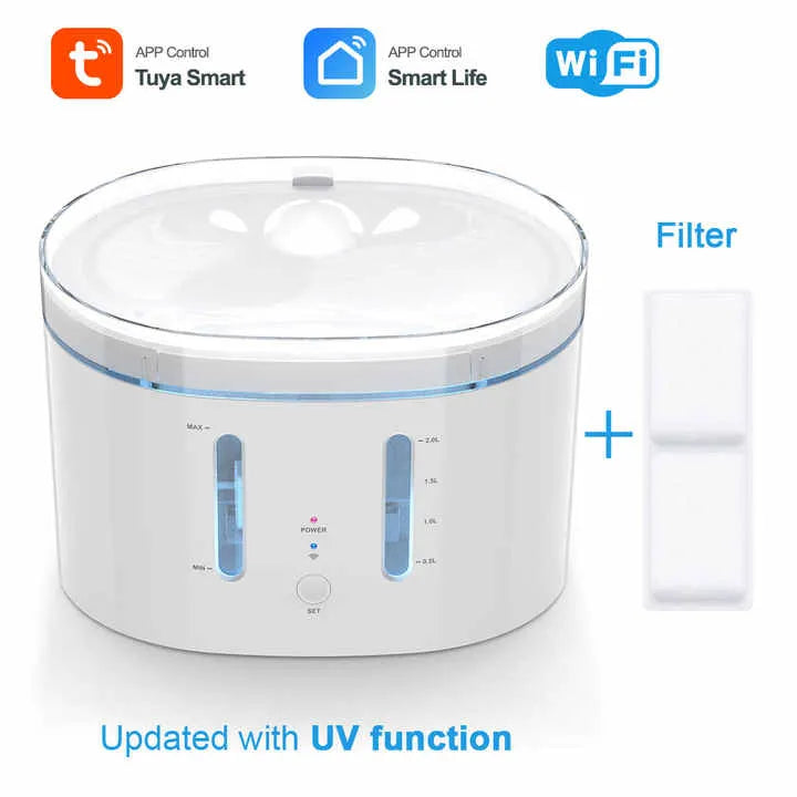 Pet Water Fountain - Smart 2.4GHz Automatic Water Fountain for Small Cats and Dogs with Water Filter, 2L