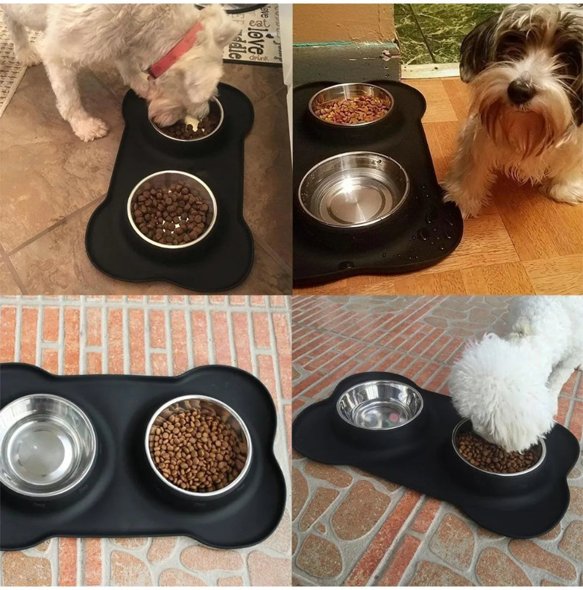 Pets bowl Non-Slip Bone Shape Silicon Mat With Stainless Steel Bowl