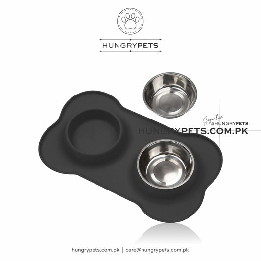 Pets bowl Non-Slip Bone Shape Silicon Mat With Stainless Steel Bowl